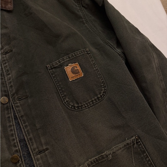 Vintage Distressed Carhartt Jacket Large Green Duck Canvas Blanket Lined CO2MOS - Picture 3 of 11